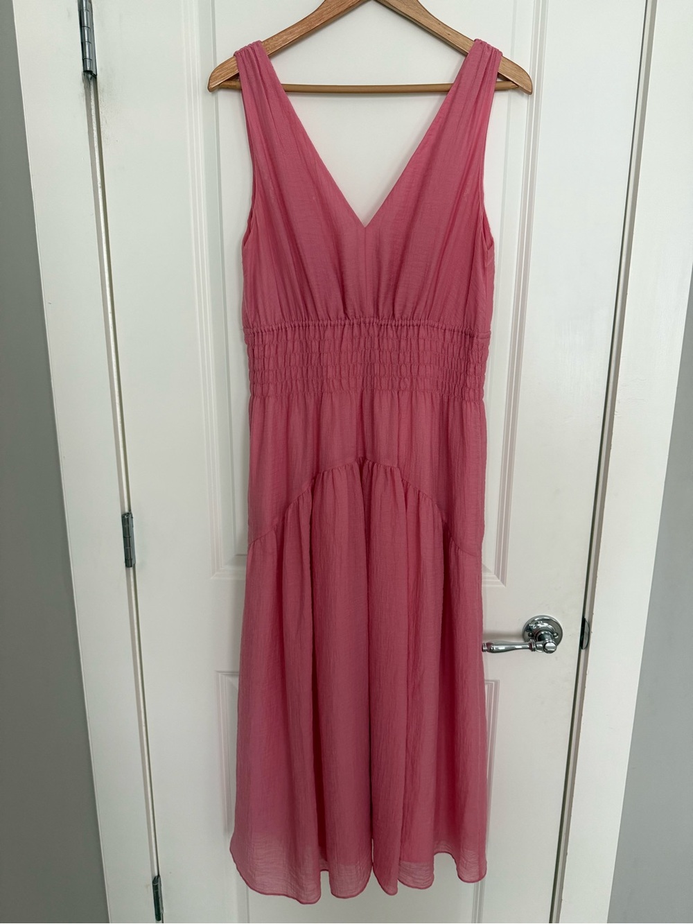 Vince Pink Sleeveless V-Neck Smocked Midi Dress